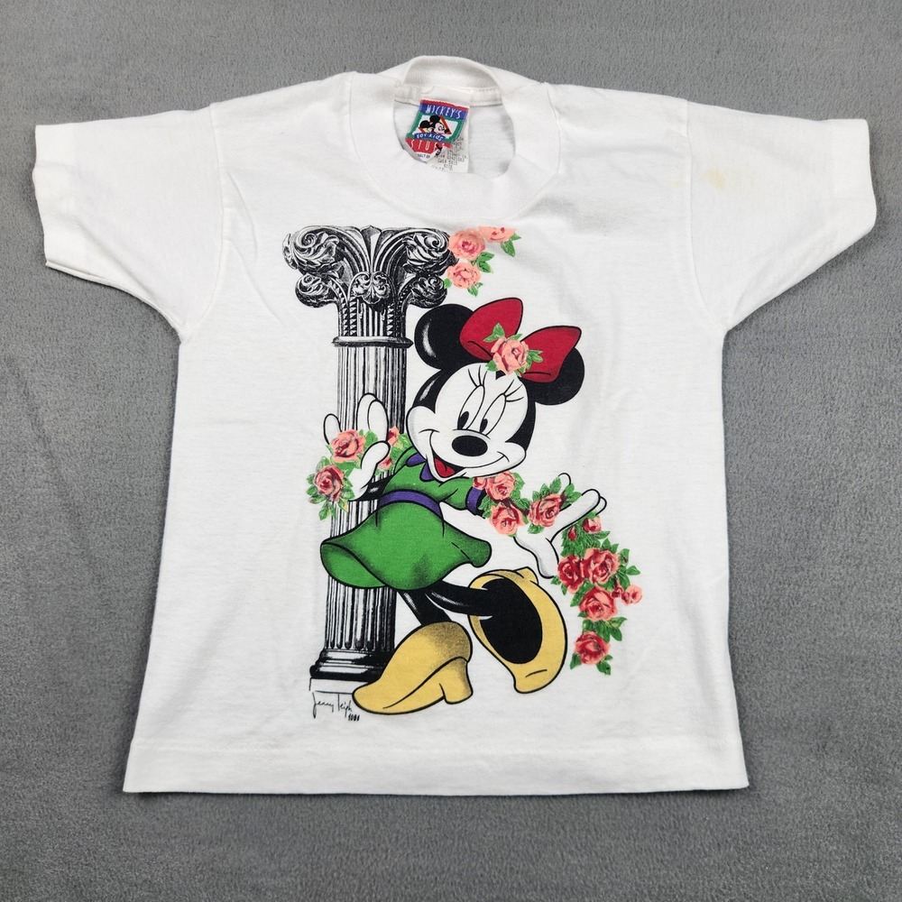 Vintage 1991 Minnie Mouse Roses Graphic T-Shirt Kids Size 5 White Single Stitch
